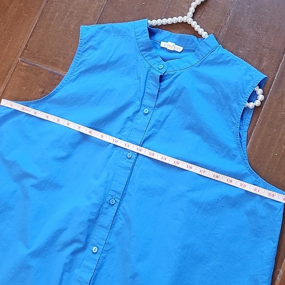 Eileen Fisher Washed Organic Calypso Cotton Poplin Blue Mandarin Collar Shirt - Picture 9 of 11